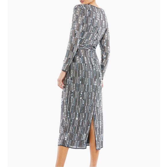MAC DUGGAL Embellished High Neck Long Sleeve Fitted Dress in charcoal Sz 10 NWT - Picture 2 of 7